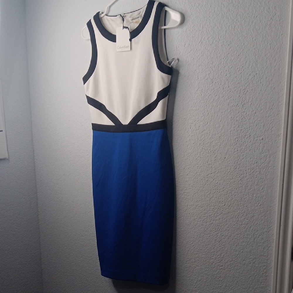 Calvin Klein Black, White, and Blue Midi Dress